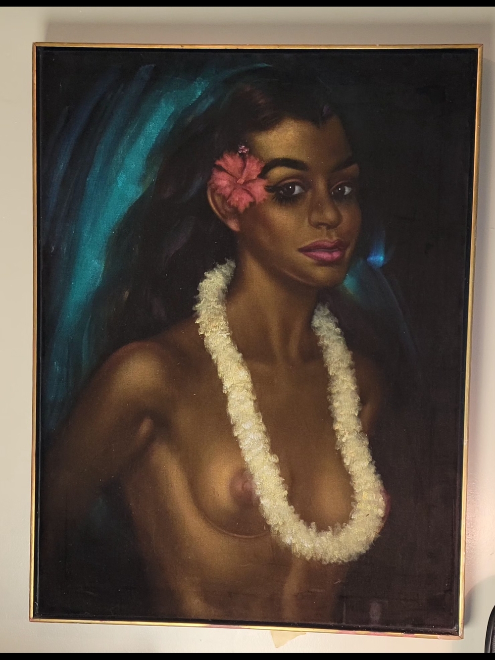 Framed Tropical Portrait Oil On Velvet Painting with Flower and White Lei 25x33"